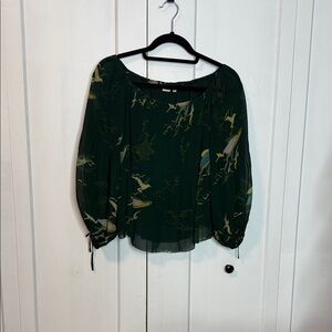 Aritzia Wilfred Talence Top Silk Trim -Small - Hunter Green Asian Birds Koi Fish